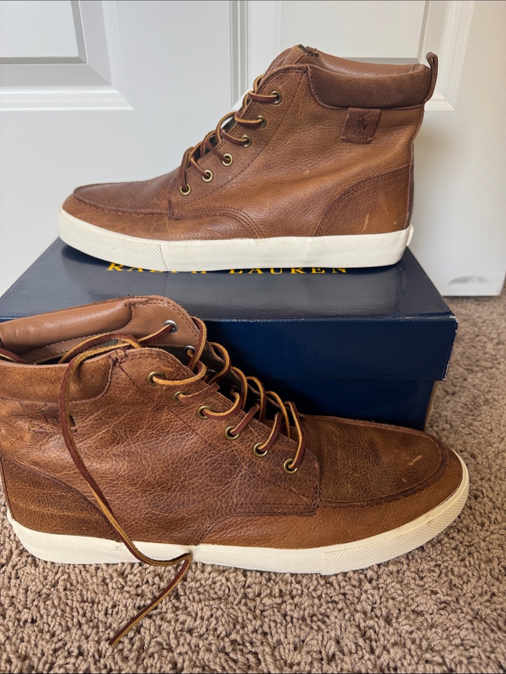 Polo by Ralph Lauren Tedd Brown Leather High-Tops with Cream Sole NEVER WORN - Picture 5 of 11